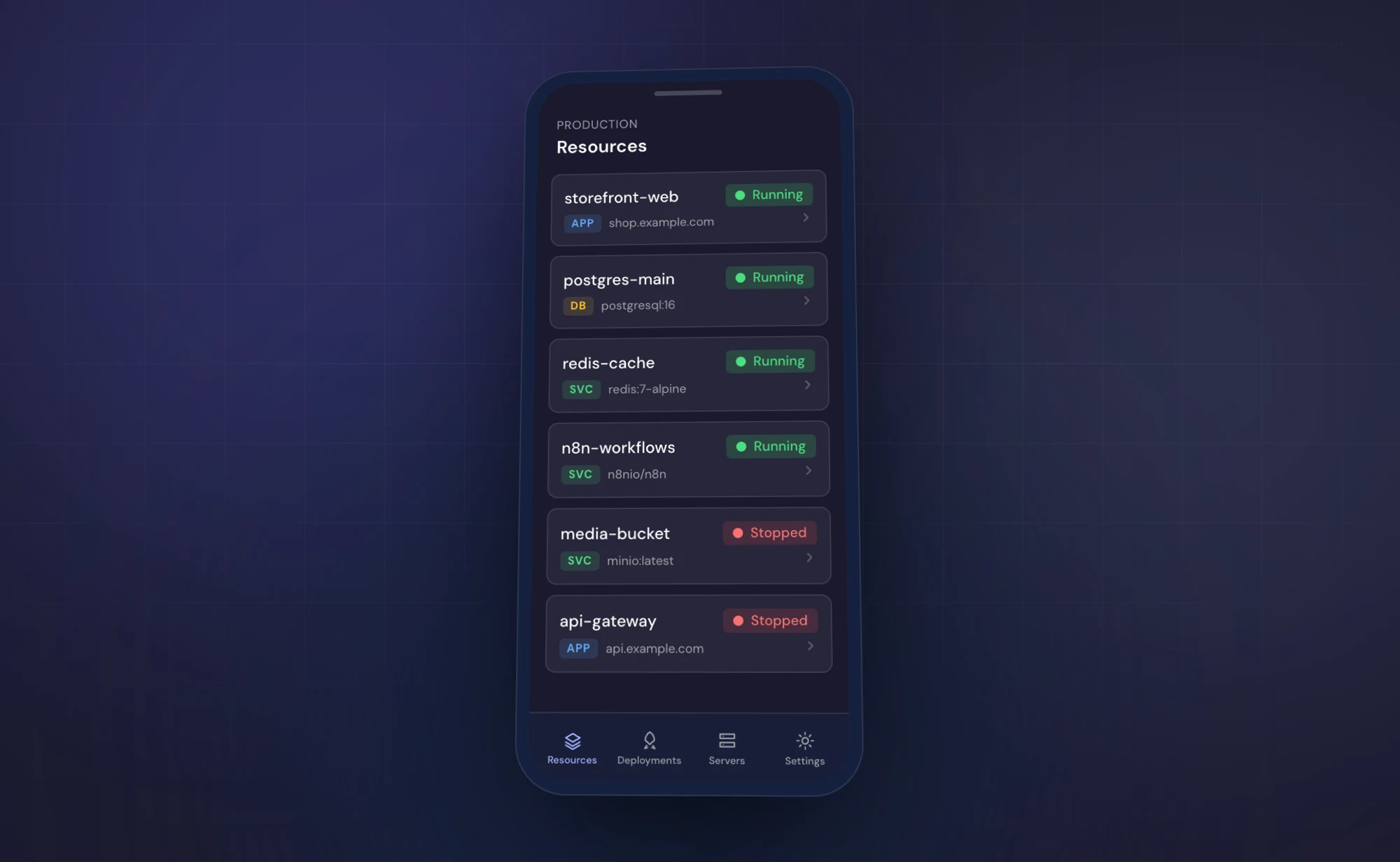 Coolify Manager's Resources screen on a phone: six cards with name, an APP, DB or SVC badge, domain or image, and a Running or Stopped status, with a bottom bar carrying Resources, Deployments, Servers and Settings