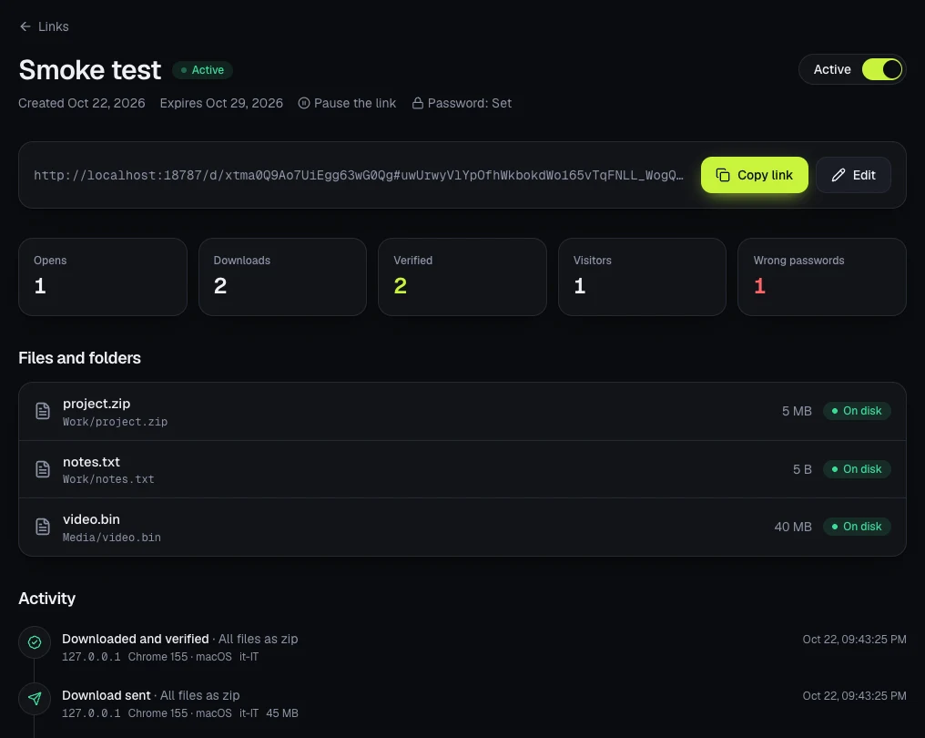 A link's detail page in the admin panel: Active status, expiry, password set, the link to copy, counters for Opens, Downloads, Verified, Visitors and Wrong passwords, the files marked On disk and an Activity log with time, IP, browser and operating system