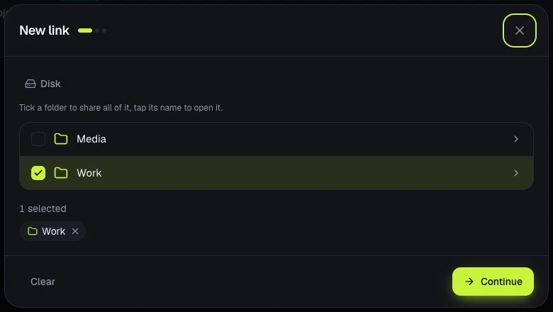 The New link dialog of the pi-share admin panel: a list of folders on the disk, Media and Work, with Work ticked, a Work chip among the selected items and a Continue button