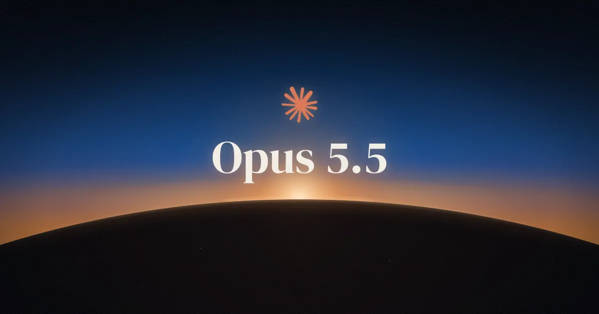 The orange Claude spark next to the words Opus 5.5, floating above a curved planetary horizon where the blue sky fades into an orange band and the sun is about to rise