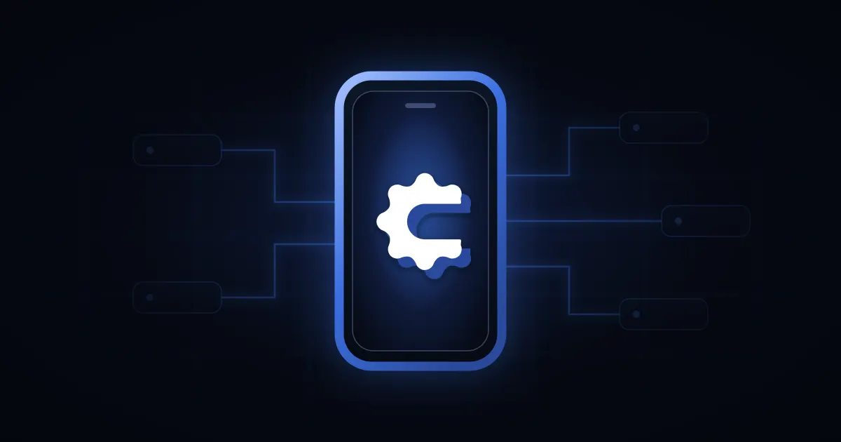 The outline of a phone on a dark background, the Coolify Manager logo lit on its screen: a white gear carrying the letter C, doubled by an offset blue layer