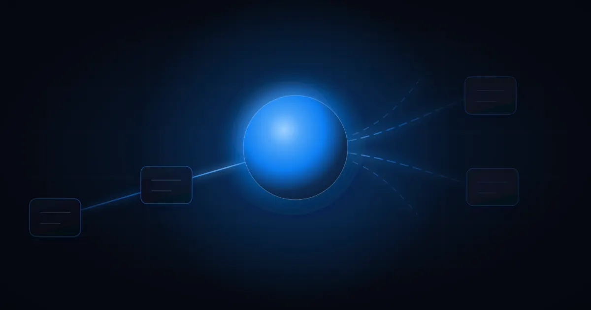 Una linea netta attraversa due riquadri di codice spenti fino a una sfera luminosa, e dall'altro lato ne esce sfilacciata in quattro tratti tratteggiati che sbiadiscono